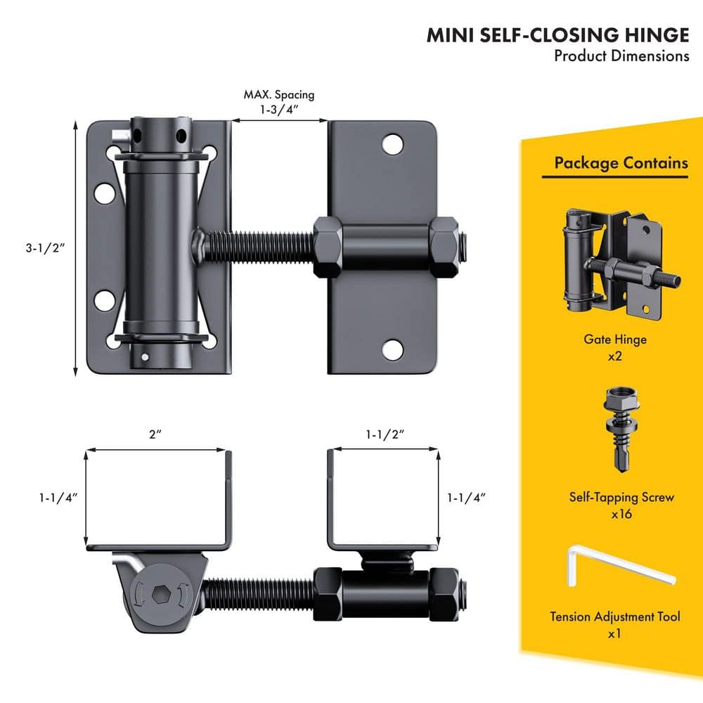 Afoxsos Black Heavy Duty 90° Self Closing Gate Hinges with Adjustable Tension for Metal/Vinyl/PVC/Wood Fence, 2-Pack/Set (3)
