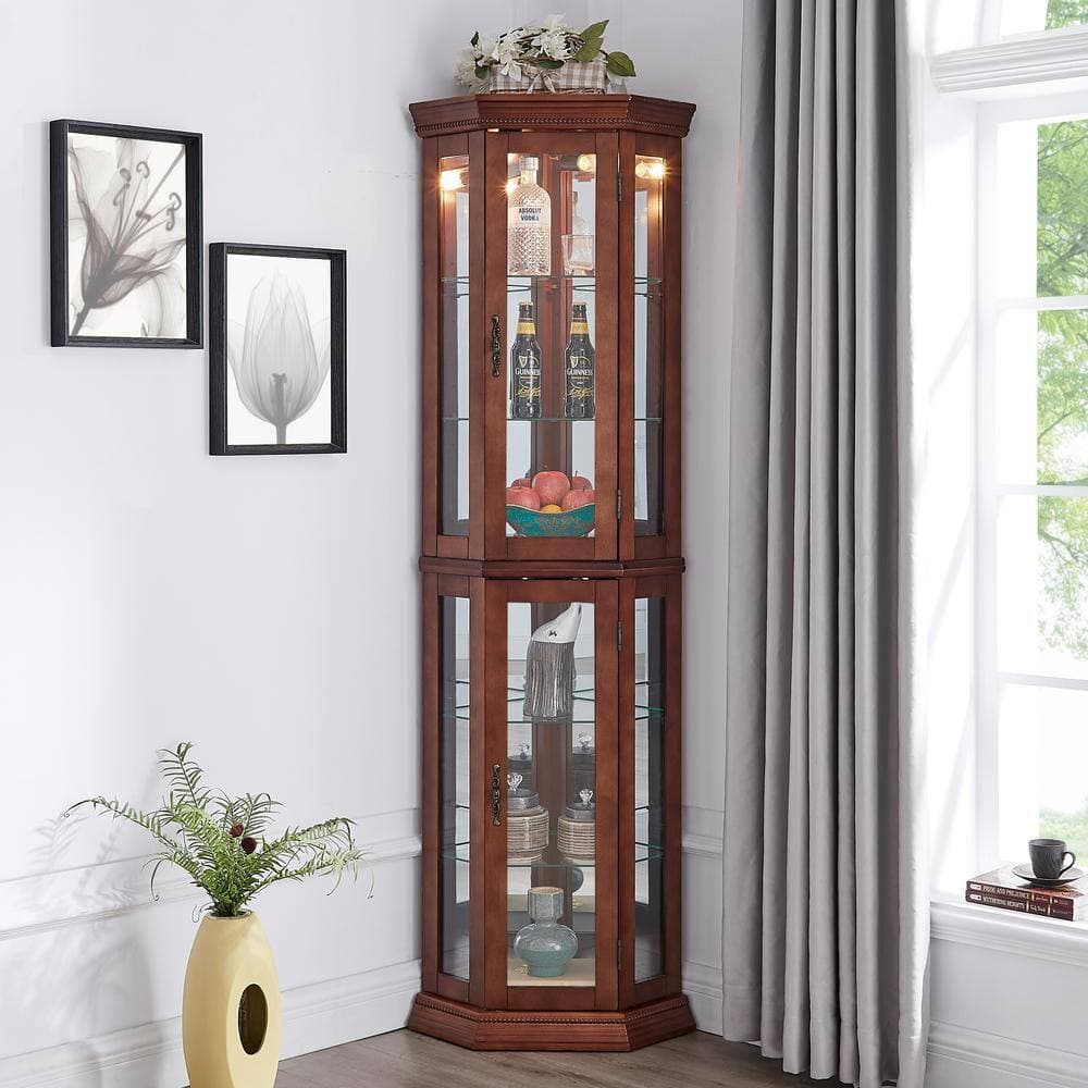 COWLOWN 21.50 in. W x 16.00 in. D x 69.75 in. H Brown Linen Cabinet Curio Cabinet with Lights, Adjustable Tempered Glass Shelves (3)