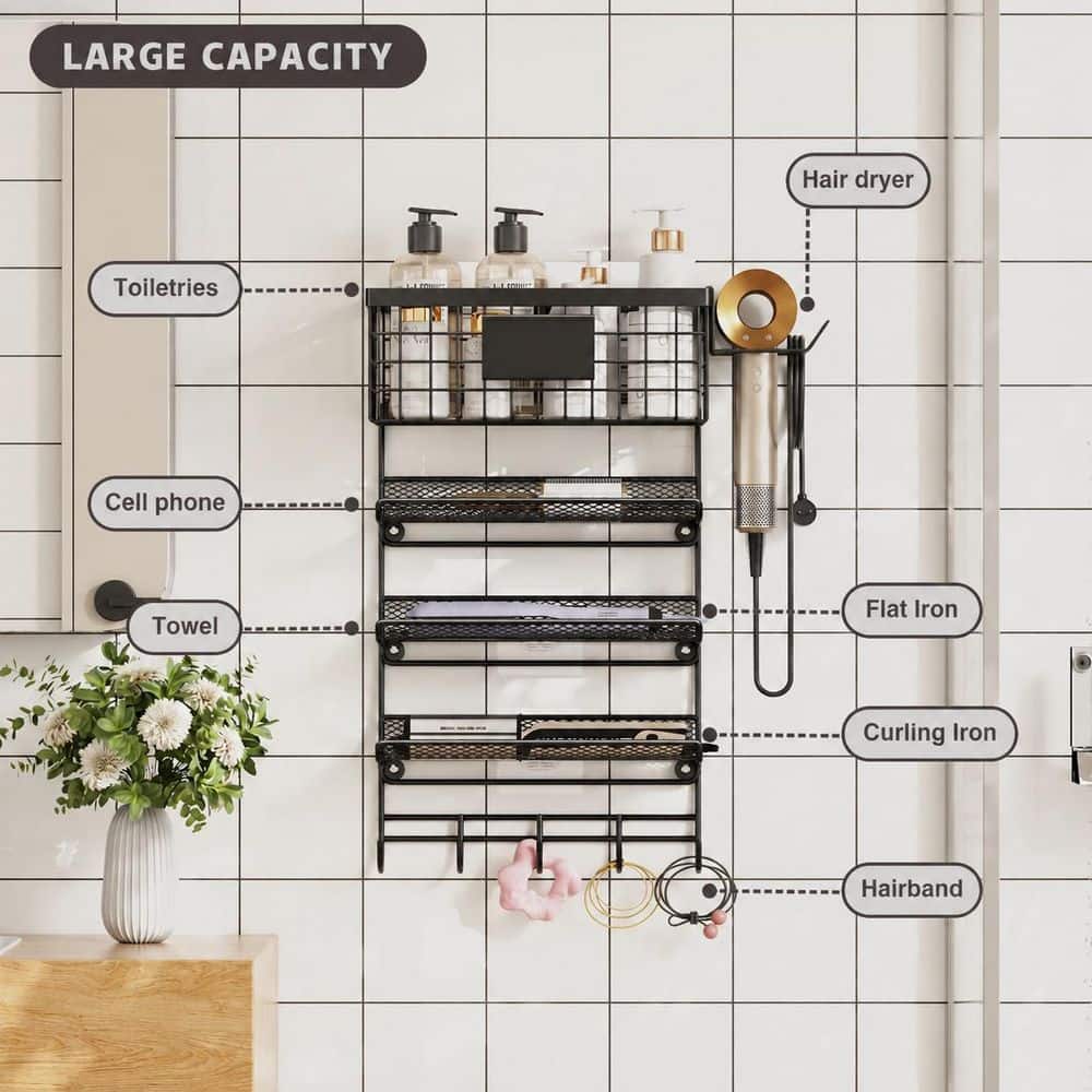 Anqtovp Wall Mount Hair Tool Organizer in Black with 5-in-1 Large Capacity Shelf Basket and Hooks for Bathroom (3)