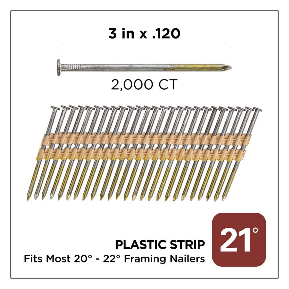 PRO-FIT 3 in. x 0.120 21° Bright Finish Smooth Shank Plastic Strip Framing Nails (2000-Per Box) (2)