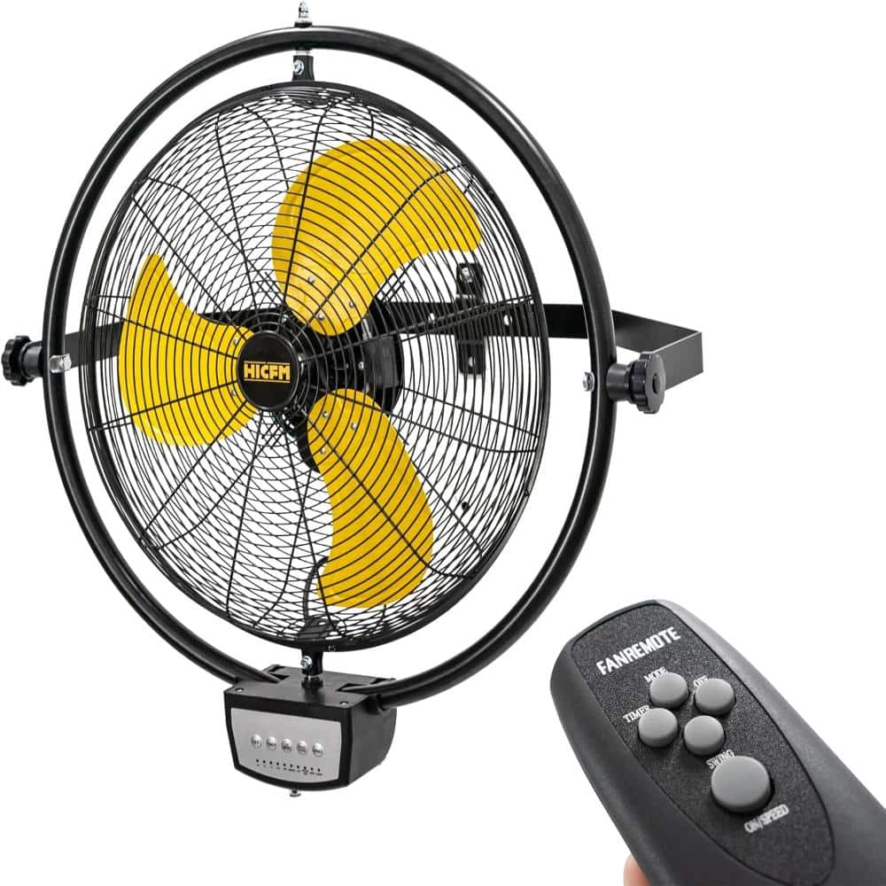 Stbine 20 in. Yellow 3-Speed Orbital Remote Wall Mounted Fan, 1/5 HP Motor, Timer, Tilt, Oscillating, 3-Speed, UL Listed.