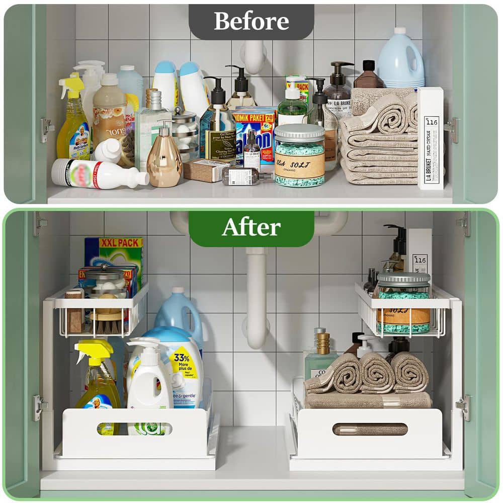 Wudkey 2 Tier Slide Out Sink Shelf Cabinet Storage Shelves, Under Sink Organizer for Kitchen Bathroom, White, 2 Pack (3)