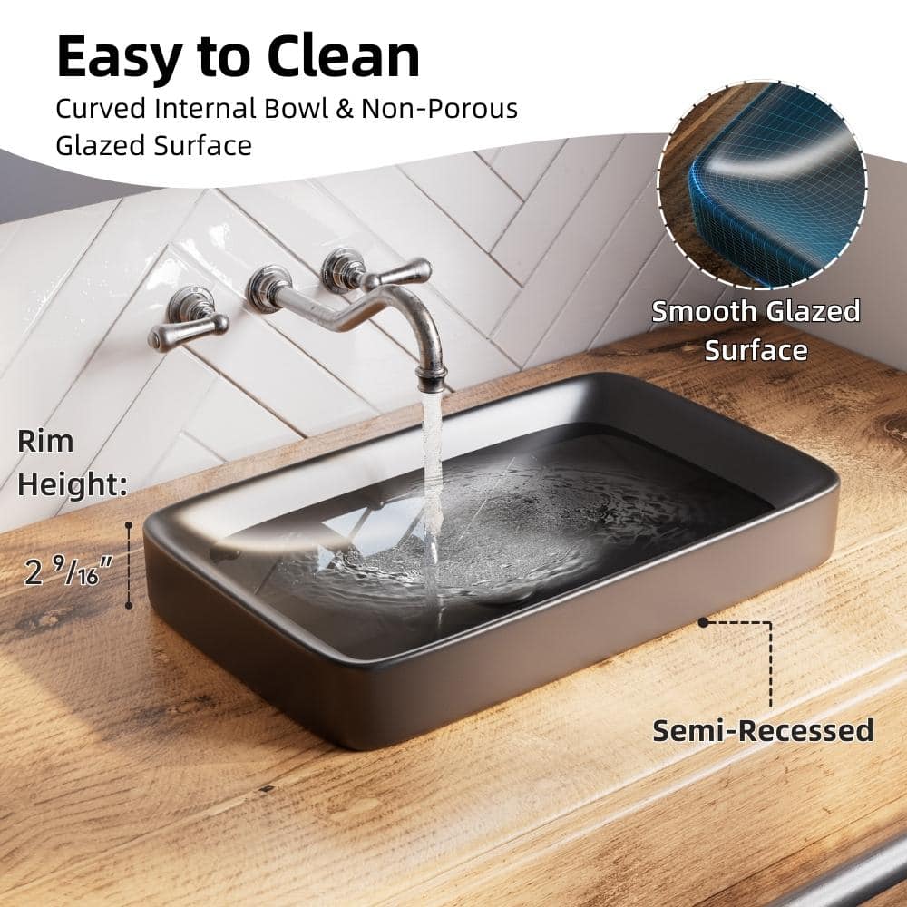 Los Flexi 19 in. Drop-In Bathroom Sink Rectangle in Matte Black, Semi-Recessed Ceramic Vessel Sink, Sink Drain Kit Included (2)