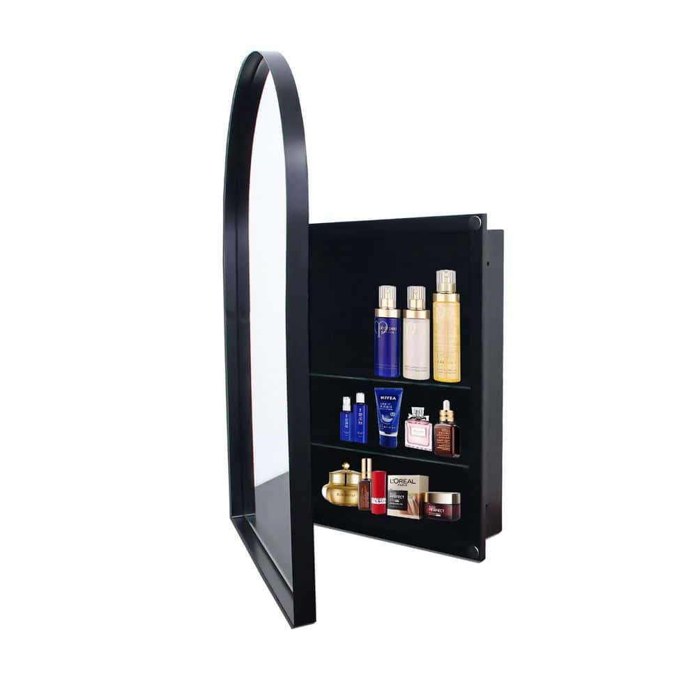 Siavonce 24 in. W x 36 in. D x 5 in. H Arched Recessed Bathroom Linen Cabinet with Mirror and Adjustable Shelves, Matte Black (1)