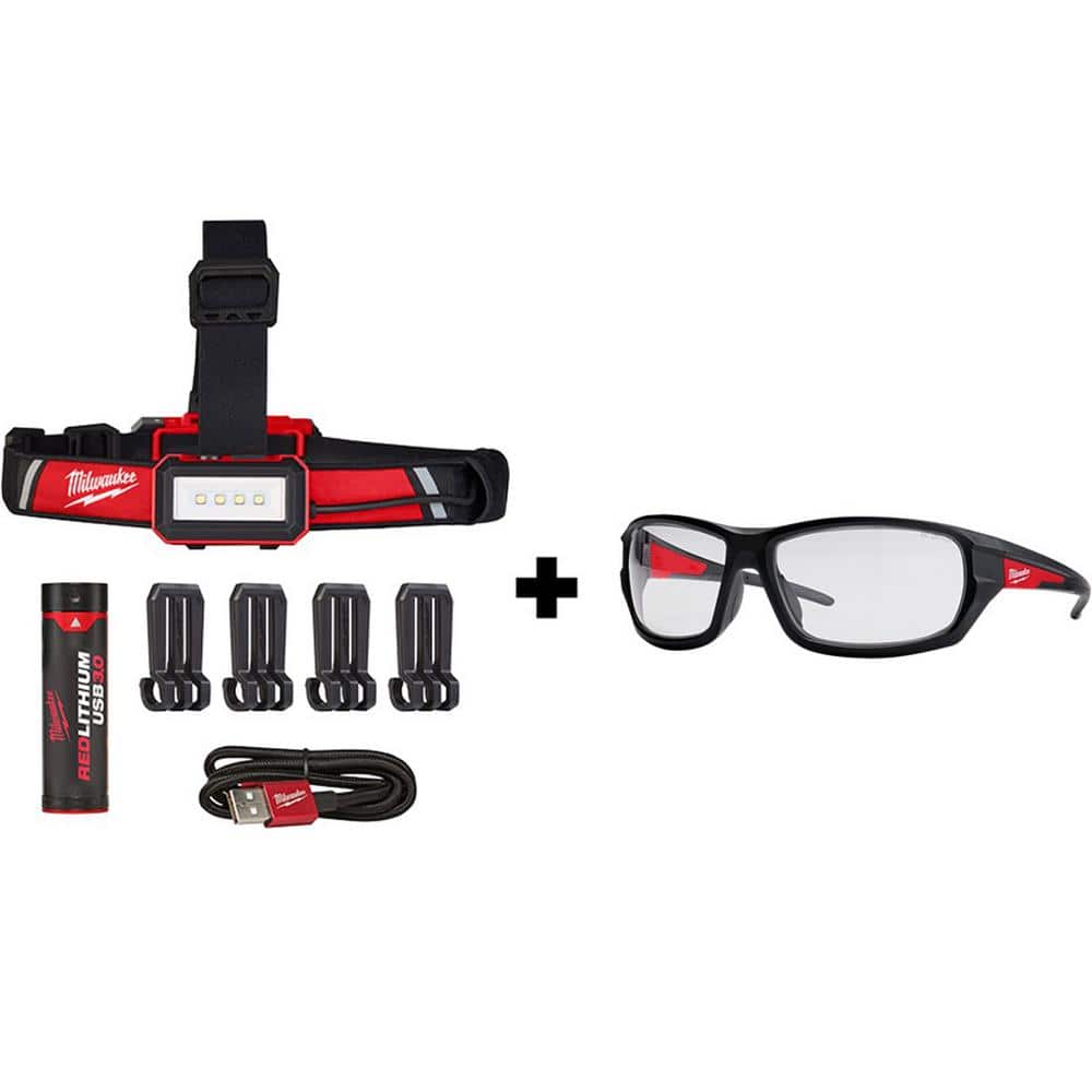 Milwaukee 600 Lumens LED REDLITHIUM USB Low-Profile Hard Hat Headlamp with Performance Safety Glasses