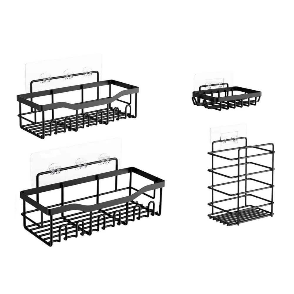 Wudkey 5-Piece Stainless Steel Adhesive Mount Shower Caddy and Bath Organizer Set in Black with High Weight Capacity (1)