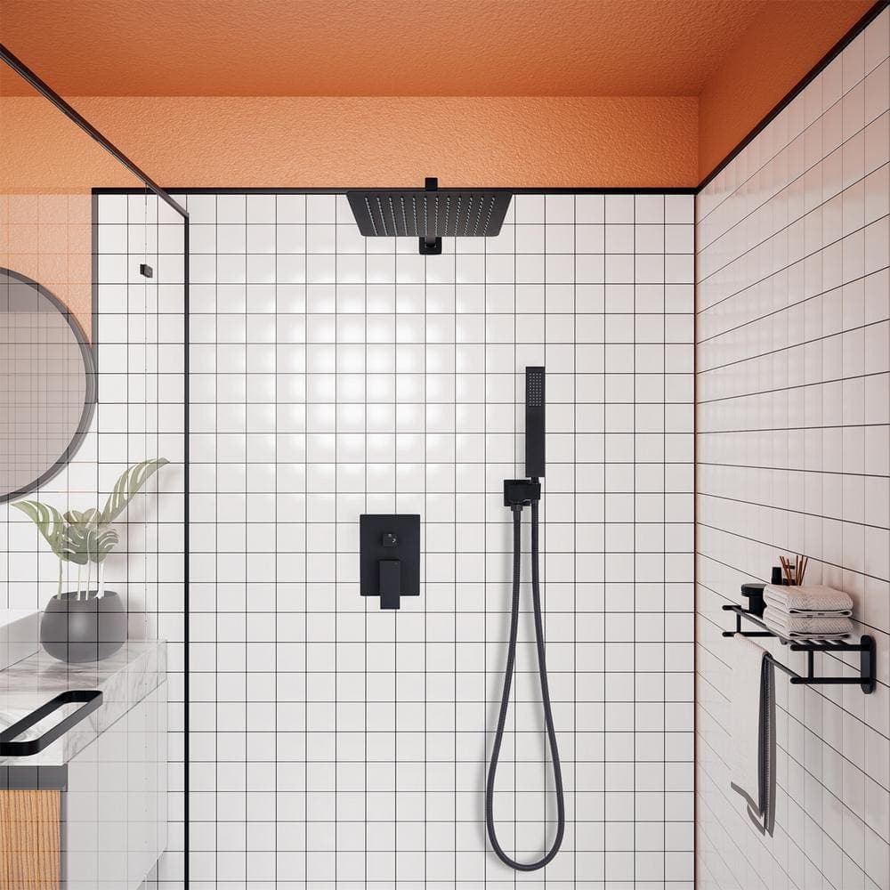 GIVING TREE Single-Handle 2-Spray Square High Pressure 12 in. Shower Head with Hand Shower Faucet in Matte Black (Valve Included) (2)