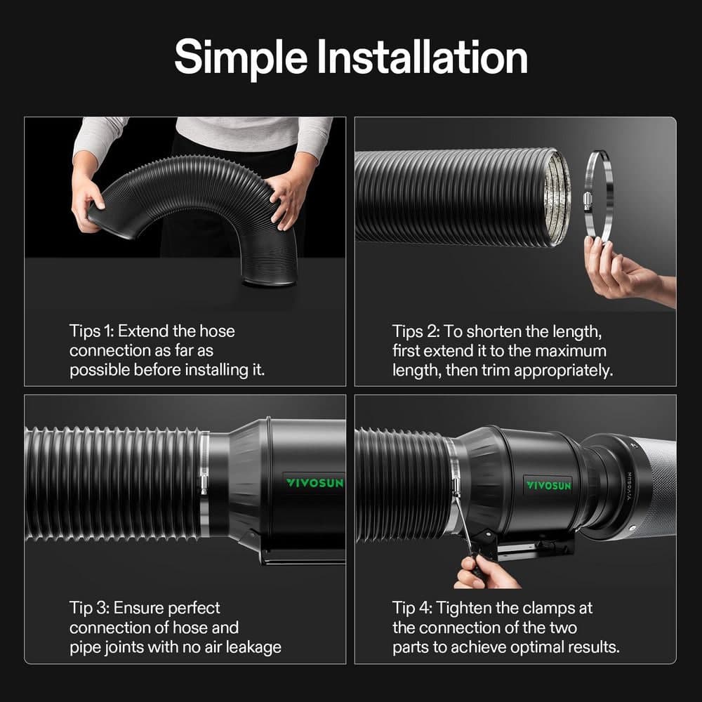 VIVOSUN 4 in., x 8 ft. Aluminum Black Flexible Dryer Vent Hose with 2-Clamps for HVAC Ventilation (2)