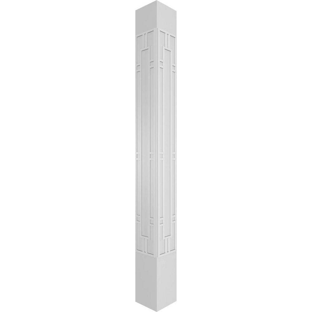 Ekena Millwork 11-5/8 in. x 8 ft. Premium Square Non-Tapered Hastings Fretwork PVC Column Wrap Kit with Standard Capital and Base (3)