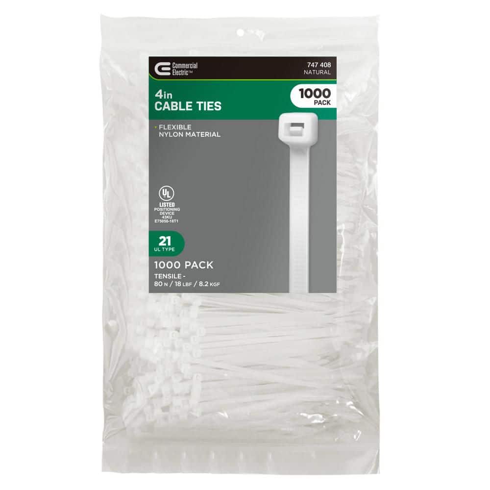 Commercial Electric 4in Miniature Standard UL 21 Rated Cable Zip Ties 1000 Pack Natural (White)