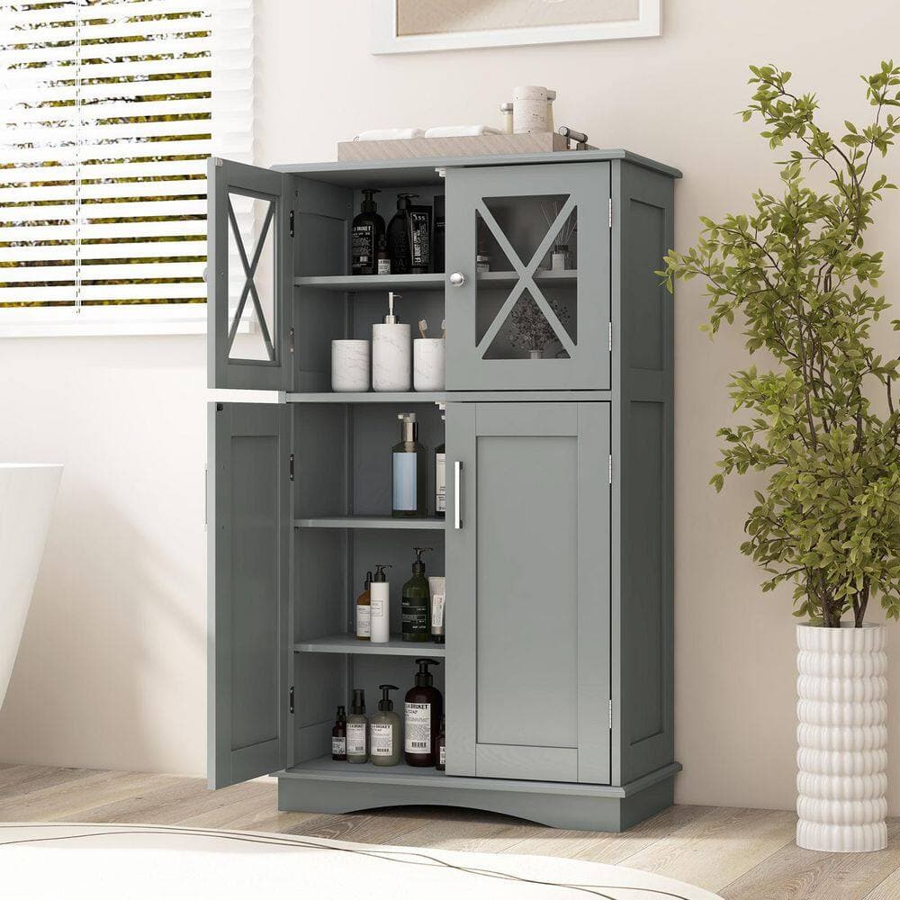 ANGELES HOME 23.5 in. W 12 in. D 42.5 in. H Linen Cabinet Freestanding Bathroom Cabinet with 4 Doors and Adjustable Shelves (2)