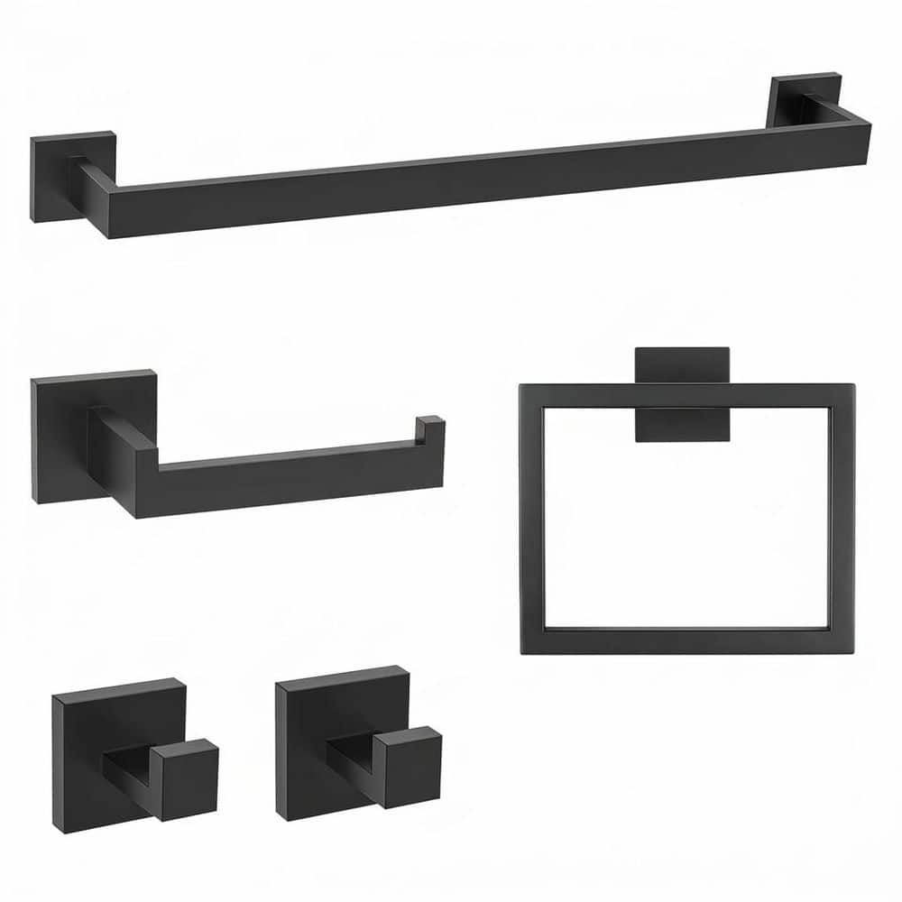 LAIFUCAM 5 Piece Bathroom Accessories Set with Towel Bar Towel Ring Toilet Paper Holder 2 Towel Hooks in Matte Black (1)