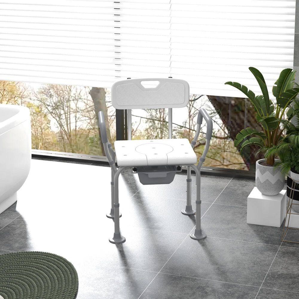 Siavonce 3-in-1 Shower Chair with Back and Arms, Height Adjustable Bedside Commode with Non-Slip Rubber Foot Pad, White (2)