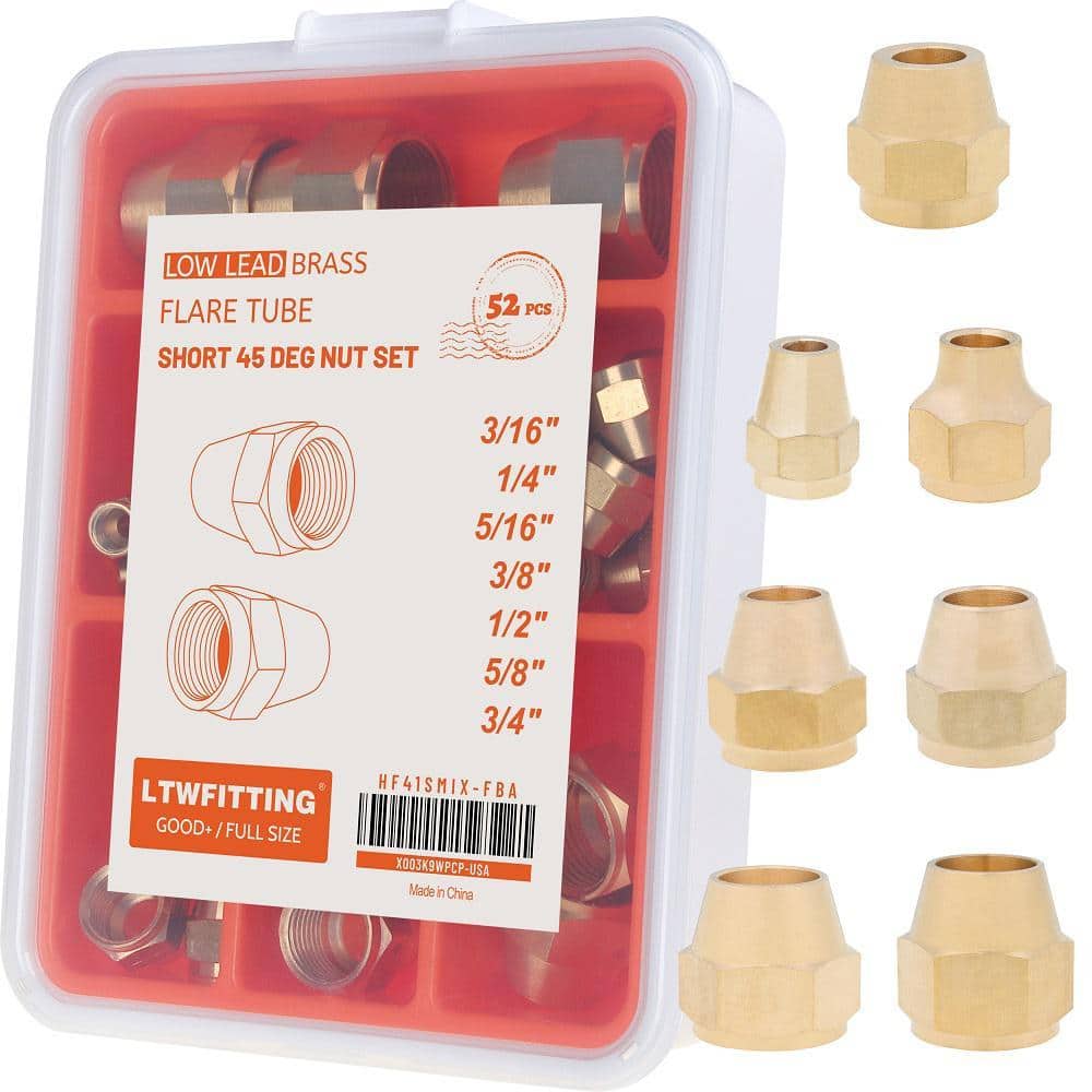 LTWFITTING Assortment Kit Tube OD 3/16 in. 1/4 in. 5/16in. 3/8 in. 1/2 in. 5/8 in. 3/4 in. Brass Short 45 Degree Flare Nut(52-Pack) (1)