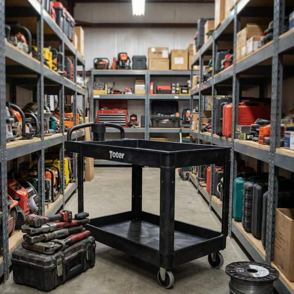 Toter 550 lbs. Capacity 43.7 in. x 25.6 in. x 33.5 in Black Plastic 2-Tier 4-Wheeled Lipped Top Ergonomic Handle Utility Cart (2)