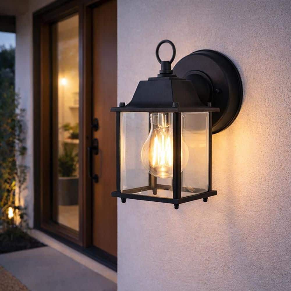 PRIVATE BRAND UNBRANDED 8 in. Black Outdoor Hardwired Wall Lantern Sconce with Clear Glass Shade and No Bulb Included (2)