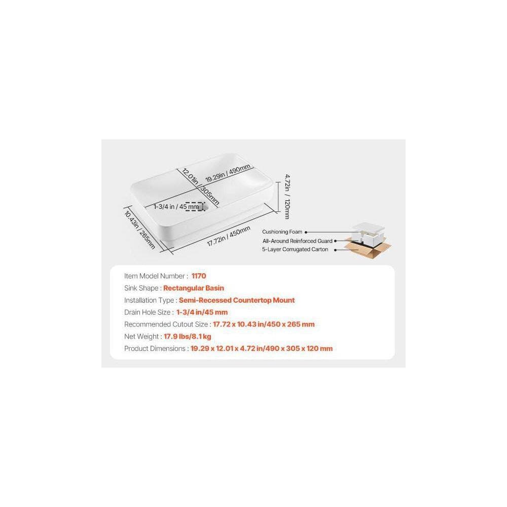 Unbranded Undermount Bathroom Sink 19.29 in.x 12.01 in. Rectangular White Ceramic Vessel Sink with 1-3/4 Inch Drain Hole (2)
