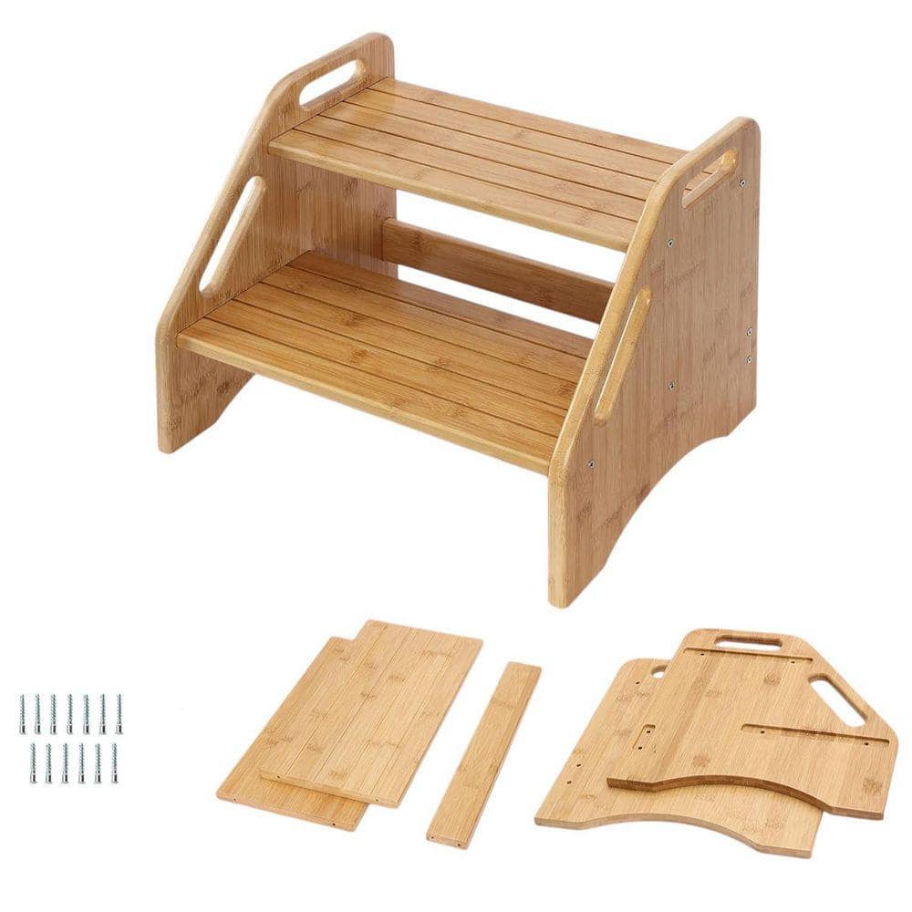 KIWDZFU 1 ft. Reach 2-Step Stool for Toddlers Non-Slip Bamboo Wood 300 lbs. Capacity Safety Handles Bathroom Kitchen Dual Height (1)