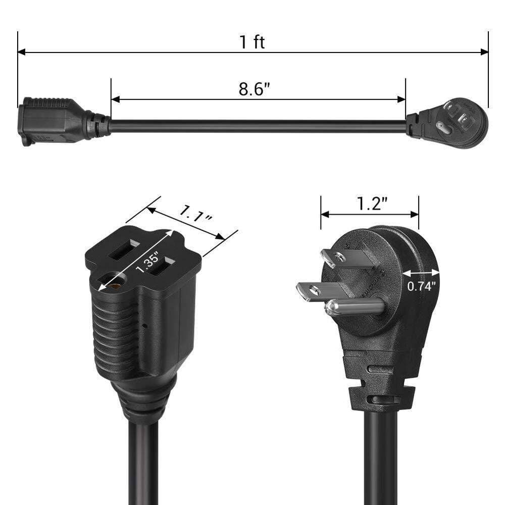 Unbranded 1 ft. 14 AWG Indoor Extension Cord with Flat Angled Plug, 3-Prong Tri-Tap, Lighted End, Foot Switch, Black, 3 Pack (2)