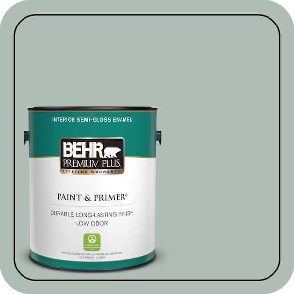 BEHR PREMIUM PLUS 1 gal. Home Decorators Collection #HDC-NT-25 Dew Semi-Gloss Enamel Low Odor Interior Paint & Primer (2)