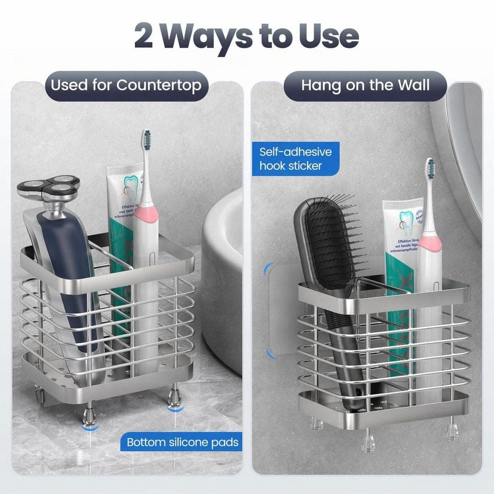 KHKFY Wall-Mounted or Countertop Dual-Use 304 Stainless Steel Toothbrush and Toothpaste Holder 2 Slots Silver (3)