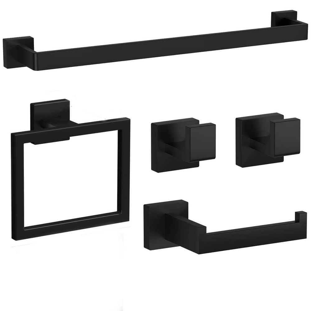 LAIFUCAM 5 Piece Bathroom Hardware Set with Towel Bar, Towel Ring, Toilet Paper Holder, Hooks in Matte Black Finish (1)