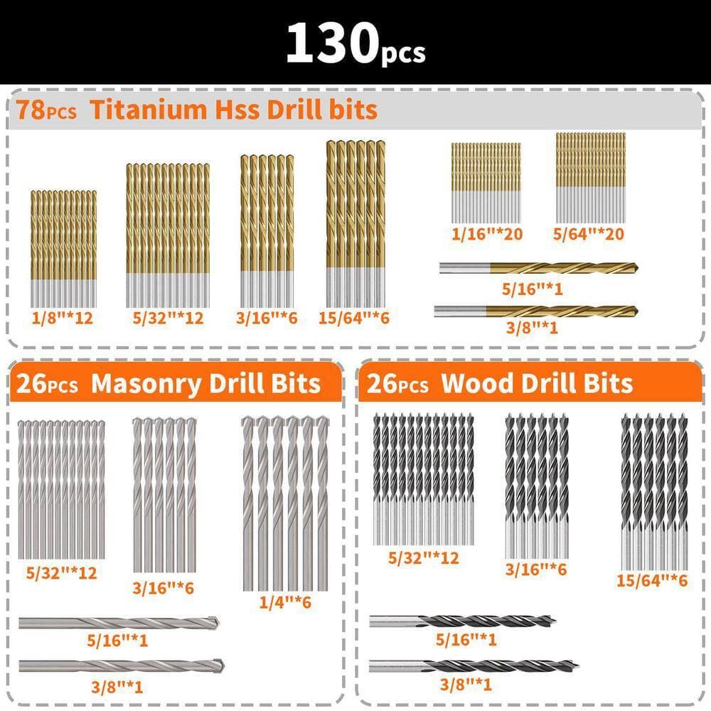 Angel Sar 130 Pcs Drill Bit Set, All-Purpose Drill Bit Kit with Titanium, Masonry for Metal Wood Plastic Concrete Drilling (3)