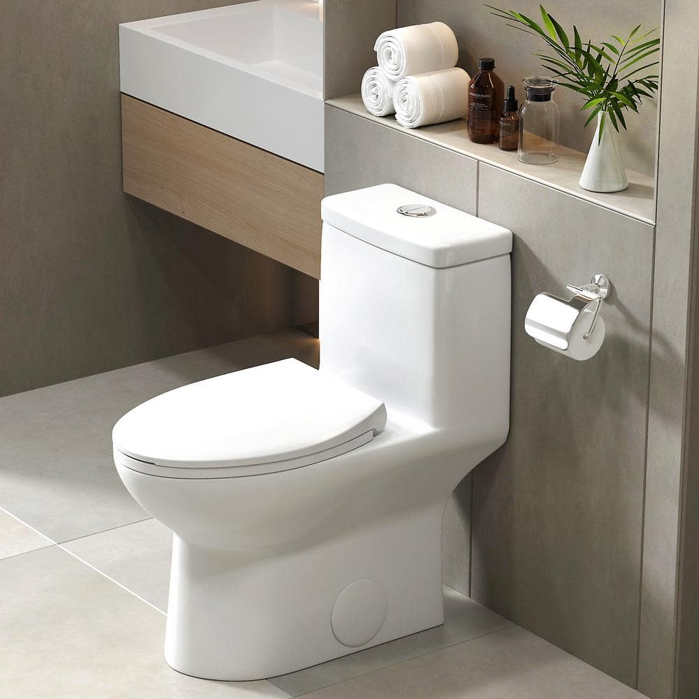 Hanikes 1-Piece 1.1/1.6 GPF Dual Flush Elongated High Efficiency WaterSense Toilet in White, Soft Closed Seat Included (2)