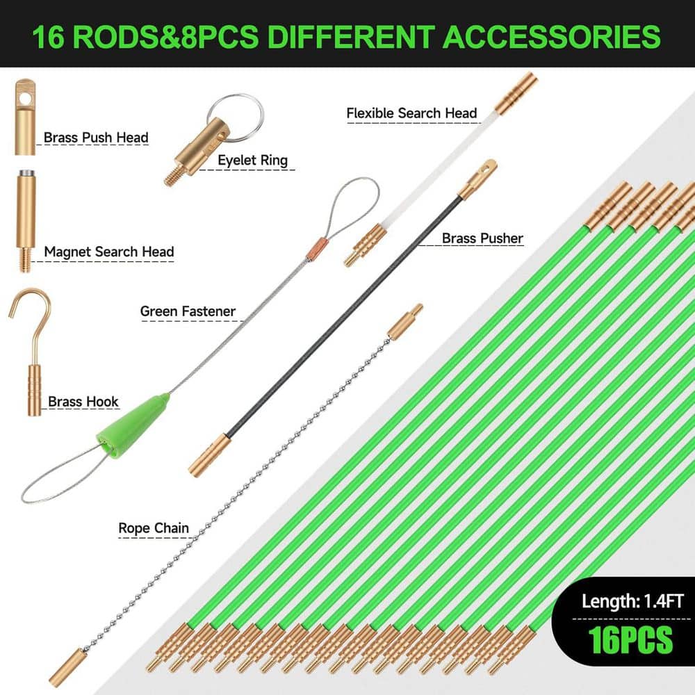 Yichuhaoxi Series 22 ft. Fiberglass Electrical Wire Cable Glow Rods with Low Friction Design and 8 Attachments (2)