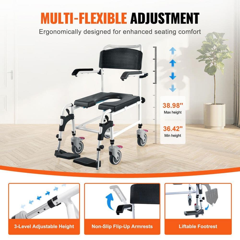SKYSHALO Commode Wheelchair for Shower Use, 350 lbs. Capacity, Toilet Seat, 4 Secure Wheels, 3-Stage Height, Detachable 5L Bucket (3)