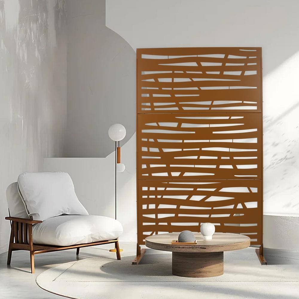 Zeus & Ruta 6.3 ft. H x 4 ft. W Brown Metal Privacy Screen Freestanding Decorative Privacy Screen for Garden (3 Panels) (2)