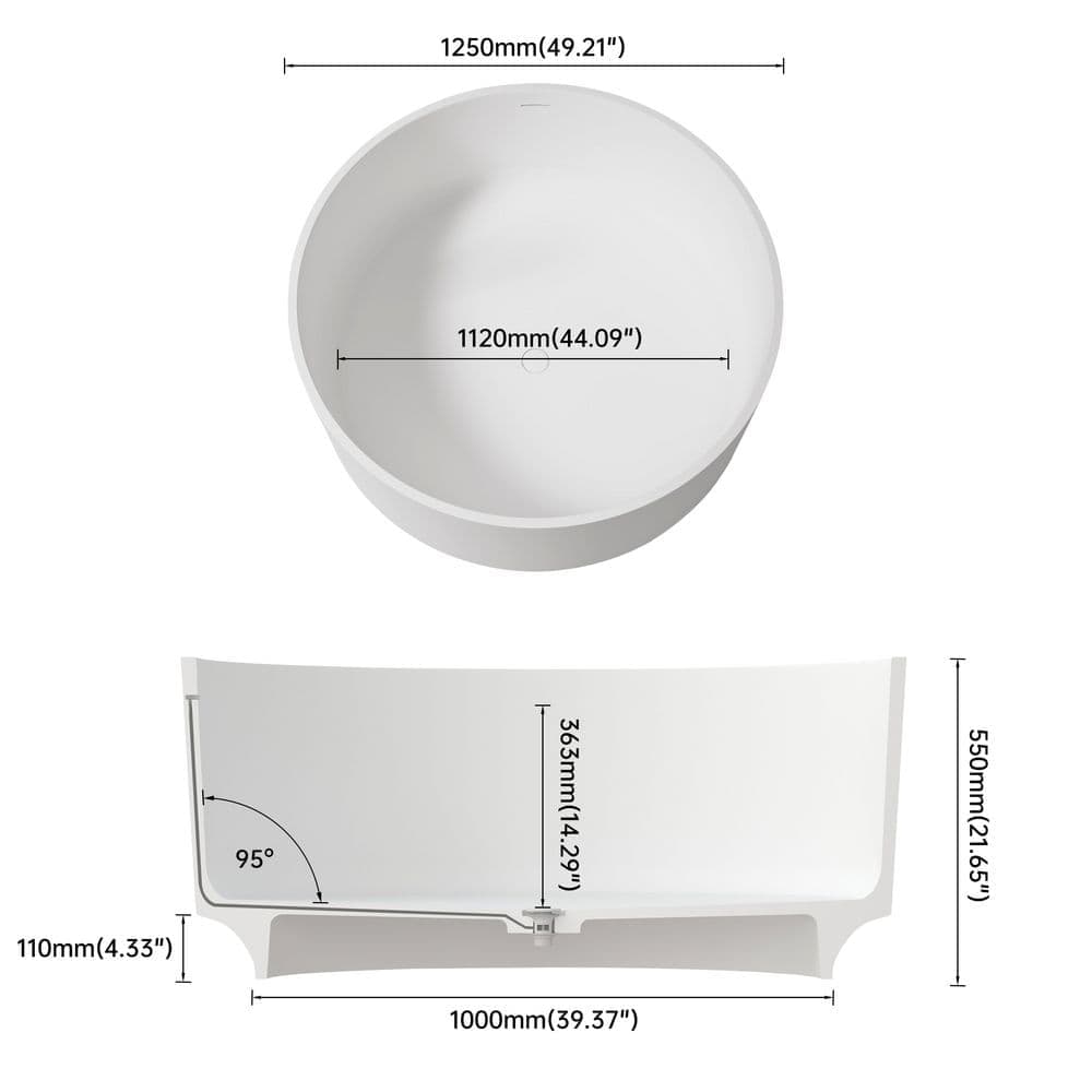 LIVACA 49.20 in. x 49.20 in. Flat Bottom Round Solid Surface Freestanding Soaking Bathtub with Center Drain in Matte White (2)
