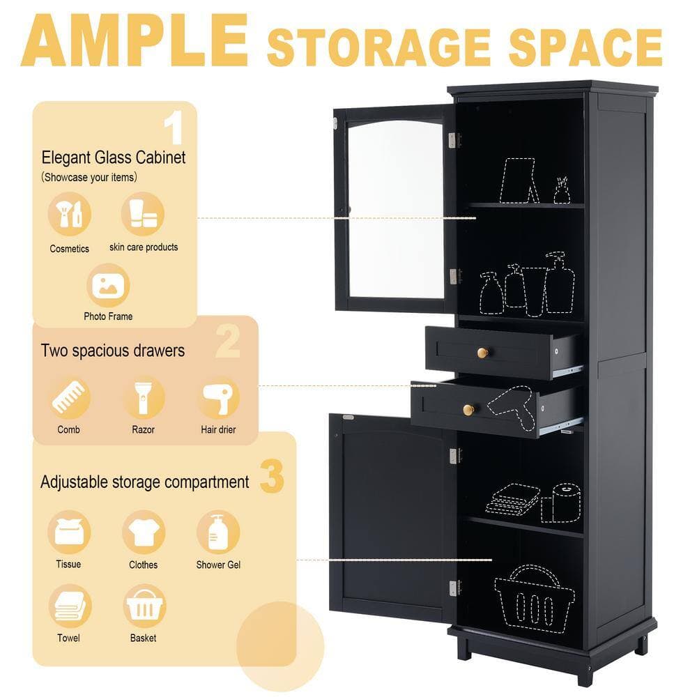 Tahanbath 14.21 in. W x 17.76 in. D x 62.99 in. H Bathroom Storage Wall Cabinet in Black (2)