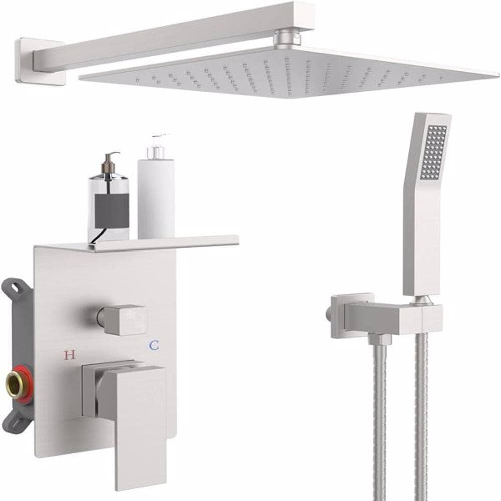 Wudkey 1-Piece Rainfall Shower System in Brushed Nickel with Storage Rack, Square Shower Head and Mounting Hardware (2)