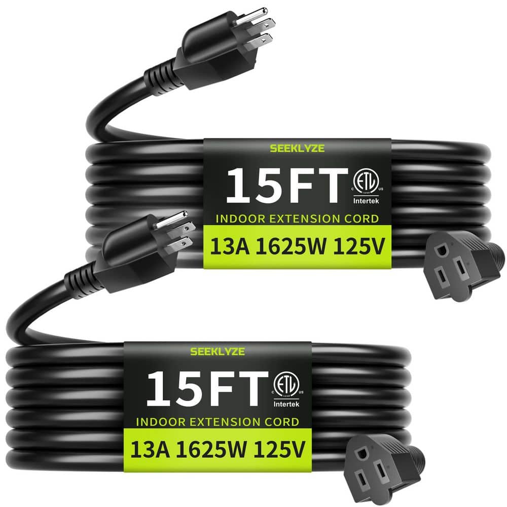 BIBIVIS 2 Pack 15 ft. 16/3 Indoor Braided Extension Cord with Tri-tap Dual Lighted End Black for Laptops, Coffee Makers, Office