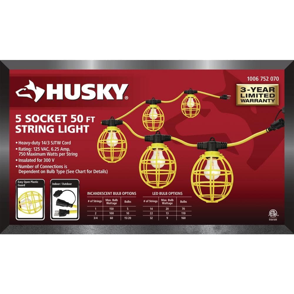 Husky 50 ft. 5-Socket String Caged Work Lights (3)