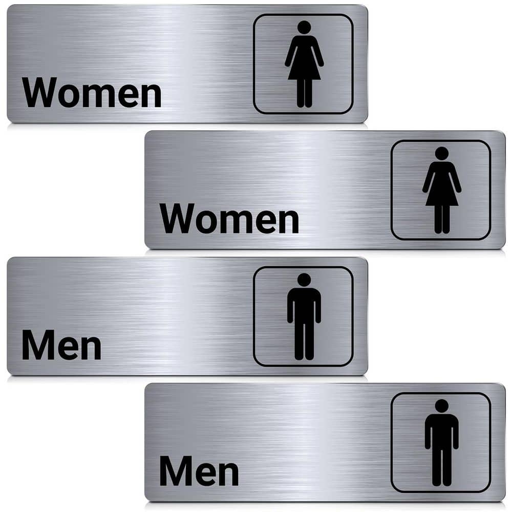 LAIFUCAM 4 Pack 9 in. Silvery Aluminum Self-Adhesive Restroom Door Signs Metal Bathroom Wall Decor for Offices Business (1)