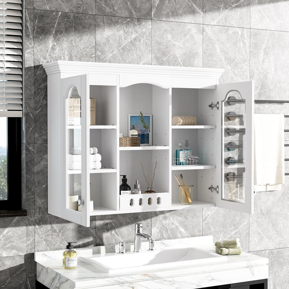 Timussi 35 in. W x 8 in. D x 28 in. H White MDF Bathroom Storage Wall Cabinet with 2 Glass Doors in White (3)