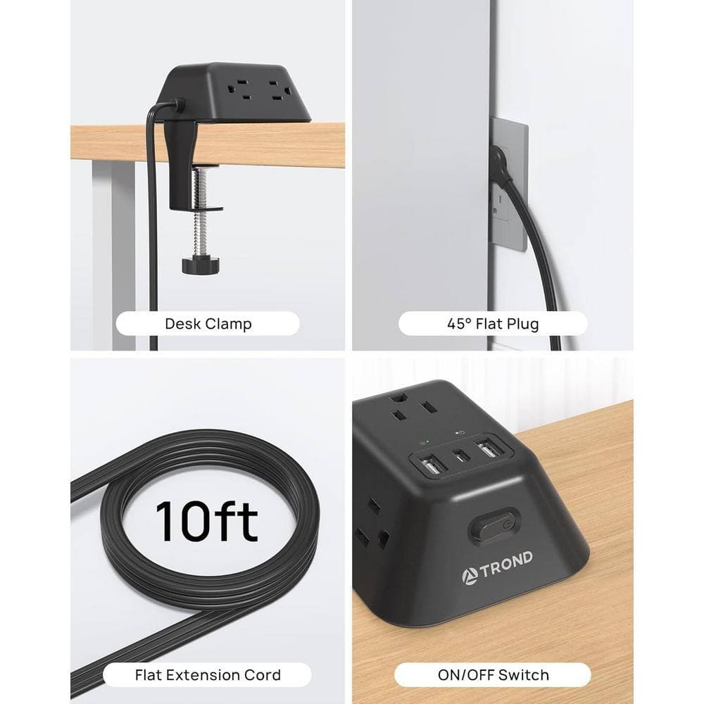 Ahfiwaso 5-Outlet Power Strip Surge Protector with 2-USB A and 1-USB C, 1440J and 10 ft. Cord Length 3-Sided Wall Mount in Black (3)