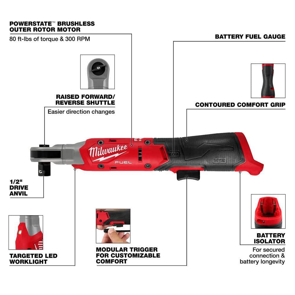 Milwaukee M12 FUEL 12V Lithium-Ion 1/2 in. Compact Cordless Ratchet (Tool-Only) (4)