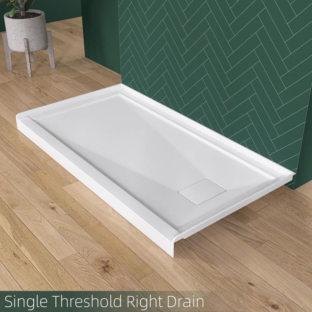 Zeafive 60 in. L x 32 in. W Alcove Single Threshold Acrylic Shower Pan Base with Right Drain and Cover Bathroom Tray in White (3)