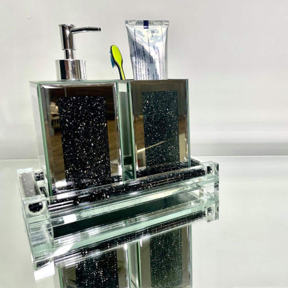 Adrinfly Countertop Square Soap Dispenser and Toothbrush Holder with Tray, 3-Piece in Black (3)