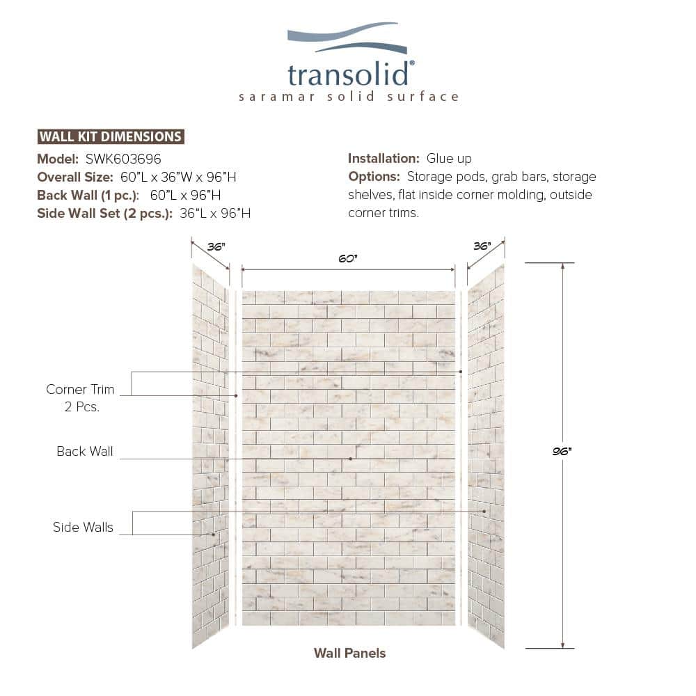 Transolid SaraMar 36 in. x 60 in. x 96 in. 3-Piece Easy Up Adhesive Alcove Shower Wall Surround in Biscotti Marble (3)
