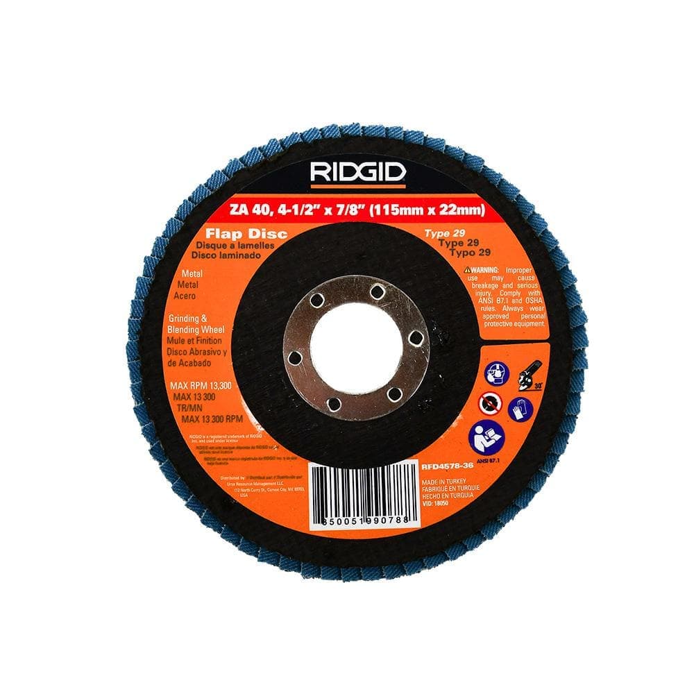 RIDGID 4-1/2 in. x 7/8 in. Flap Discs 40 Grit Type 29 Blue Zirconia ZA40 for use on Right Angle Grinders