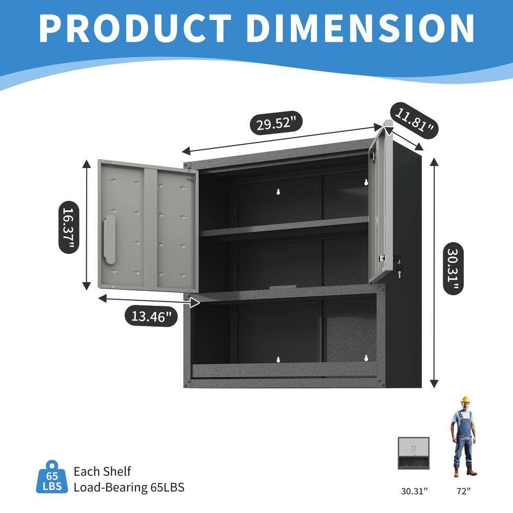 Unbranded 29.5 in. W x 11.8 in. D x 30 in. H Metal Bathroom Storage Wall Cabinet Tool Cabinet with Shelf Open Drawer in Black/Gray (3)