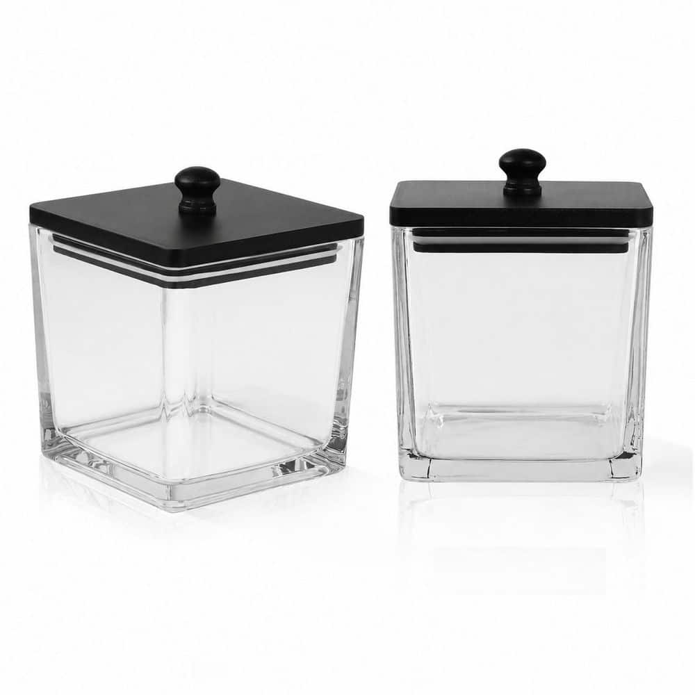 KHKFY 2 Pack Glass Cotton Swab and Ball Holder Set with Matte Black Lids for Bathroom Vanity Storage Organizer