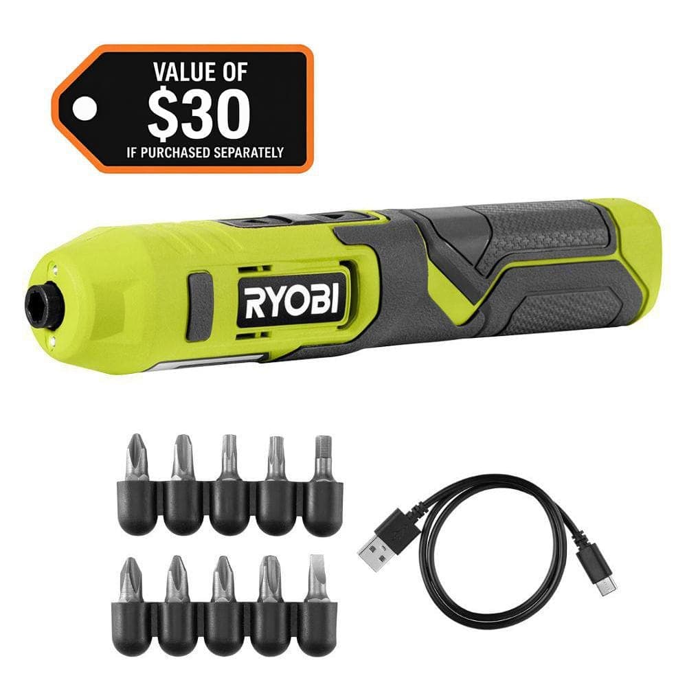 RYOBI 4V Cordless 1/4 in. Screwdriver Kit with Bit Accessories (10-Piece) and USB Cable (1)