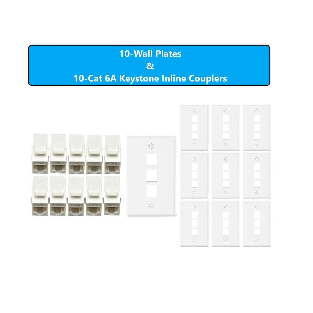 Micro Connectors, Inc 10-Pack 1-Gang White Keystone Plastic Wall Plate 3-Port and 10 Cat 6A RJ45 Keystone Inline Couplers White (2)