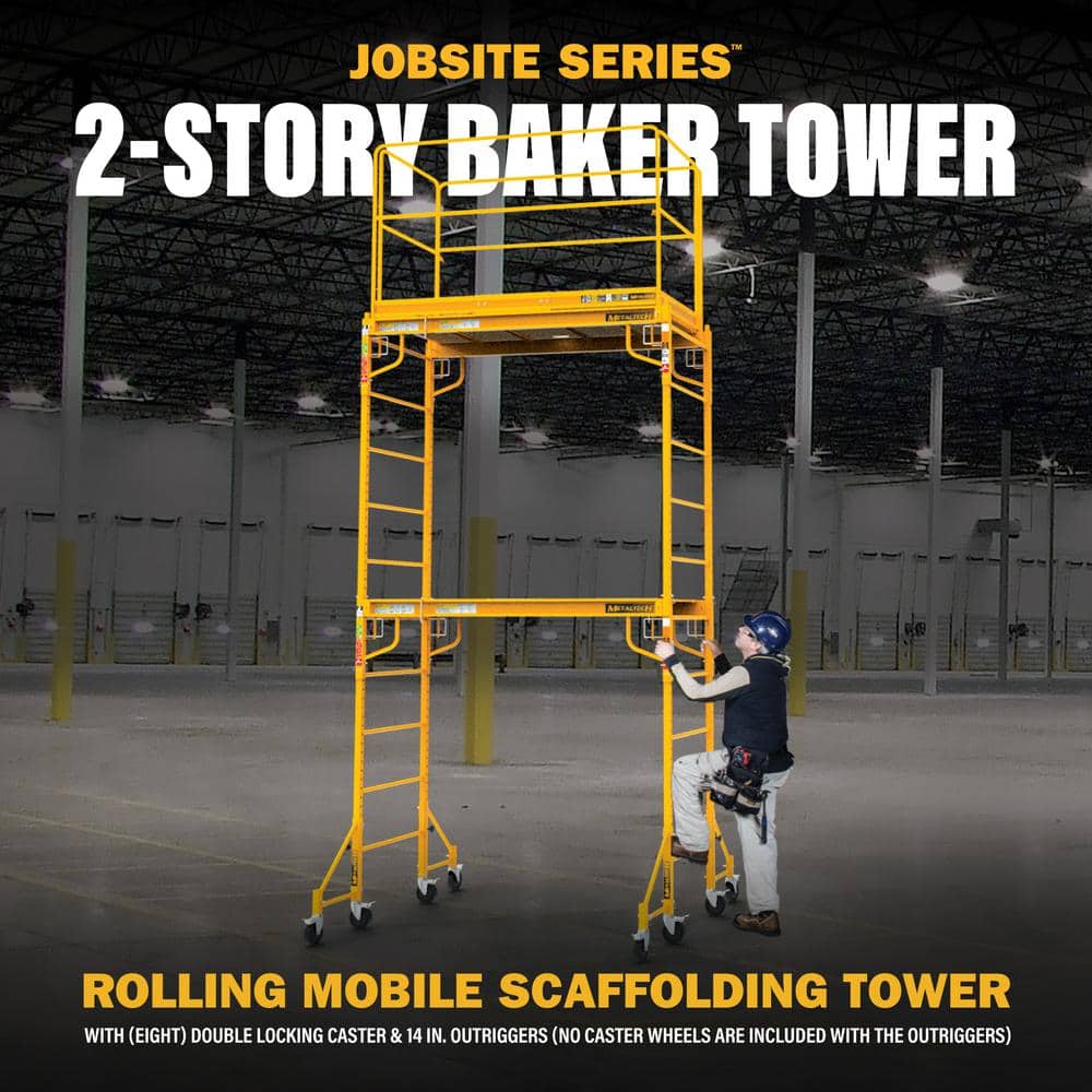 MetalTech 12 ft. Jobsite Series 2-Story Mobile Baker Scaffolding Tower with Outriggers, Guard Rail, and Scaffolding Platform (2)