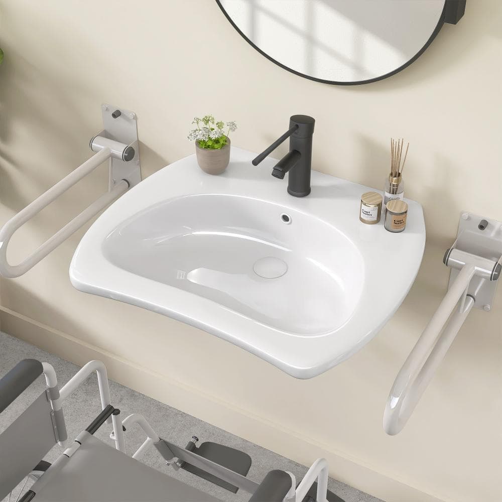 NTQ ADA 24 in. x 20.6 x 6.8 in. Rectangular ADA Ceramic Wall Mount Vessel Sink Wall Hung with Center Faucet Hole in White (1)